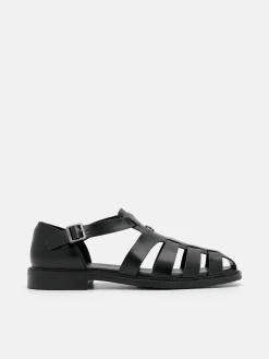 Brent Leather Caged Sandals - Black