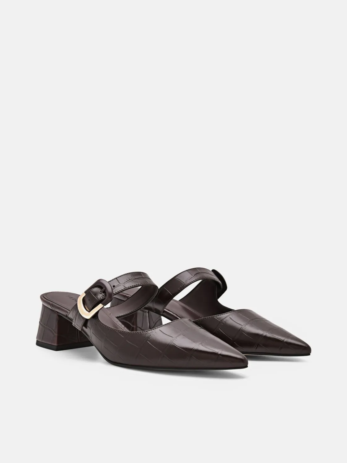 Bridget Embossed Leather Heel Mules - Dark Brown