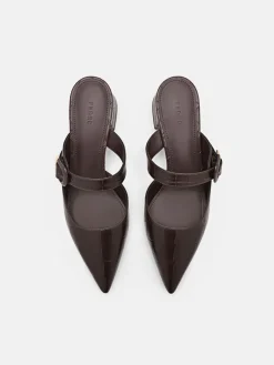 Bridget Embossed Leather Heel Mules - Dark Brown