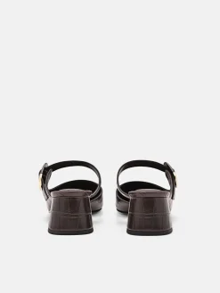 Bridget Embossed Leather Heel Mules - Dark Brown