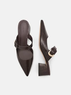 Bridget Embossed Leather Heel Mules - Dark Brown