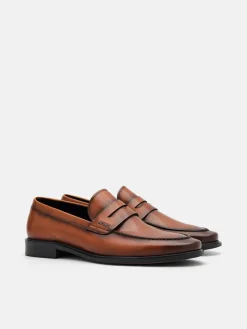 Burnished Leather Penny Loafers - Cognac