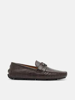 Croc-Embossed Leather Driving Shoes - Dark Brown