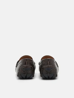 Croc-Embossed Leather Driving Shoes - Dark Brown