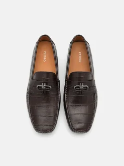 Croc-Embossed Leather Driving Shoes - Dark Brown