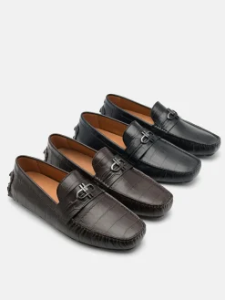 Croc-Embossed Leather Driving Shoes - Dark Brown