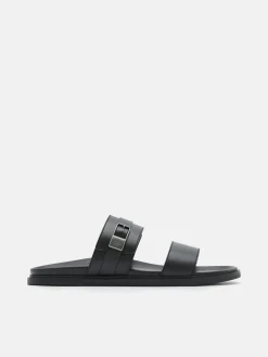 Double Band Buckle Slide Sandals - Black