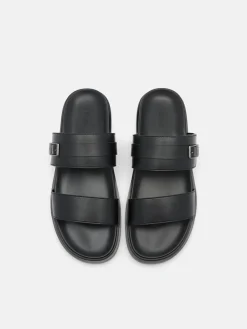 Double Band Buckle Slide Sandals - Black
