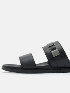 Double Band Buckle Slide Sandals - Black