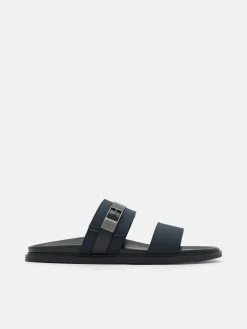 Double Band Buckle Slide Sandals - Navy