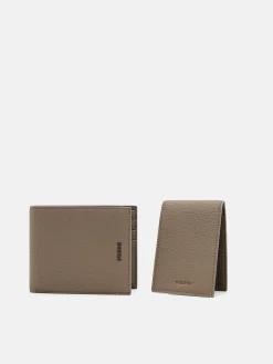 Embossed Leather Bi-Fold Wallet with Insert - Taupe