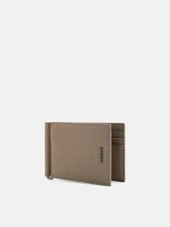 Embossed Leather Card Holder with Money Clip - Taupe