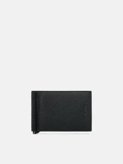 Embossed Leather Card Holder with Money Clip - Black