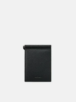 Embossed Leather Card Holder with Money Clip - Black