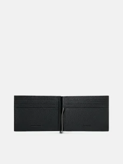 Embossed Leather Card Holder with Money Clip - Black