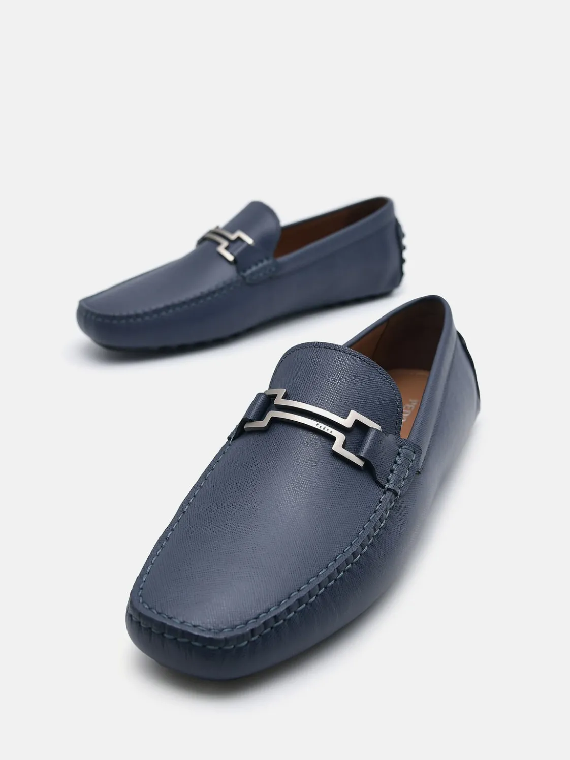 Embossed Leather Driving Shoes - Navy