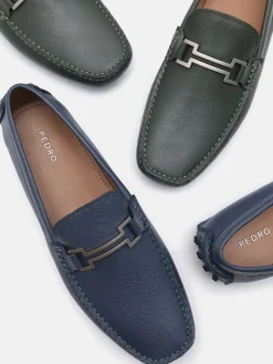 Embossed Leather Driving Shoes - Navy