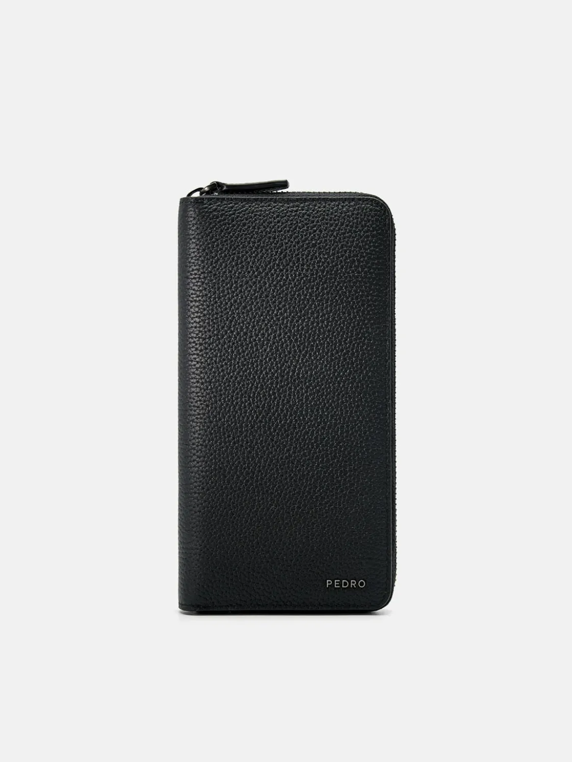 Embossed Leather Long Wallet - Black