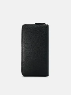 Embossed Leather Long Wallet - Black