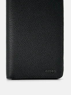 Embossed Leather Long Wallet - Black