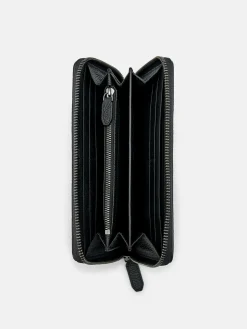 Embossed Leather Long Wallet - Black
