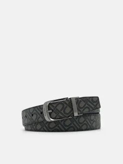 Embossed Leather Reversible Pin Belt - Black