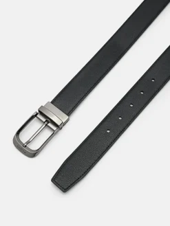 Embossed Leather Reversible Pin Belt - Black