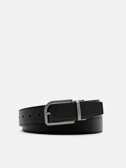 Embossed Leather Reversible Pin Belt - Black