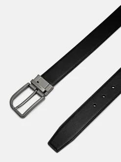 Embossed Leather Reversible Pin Belt - Black
