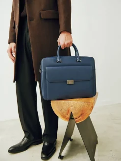 Henry Textured Leather Briefcase - Navy