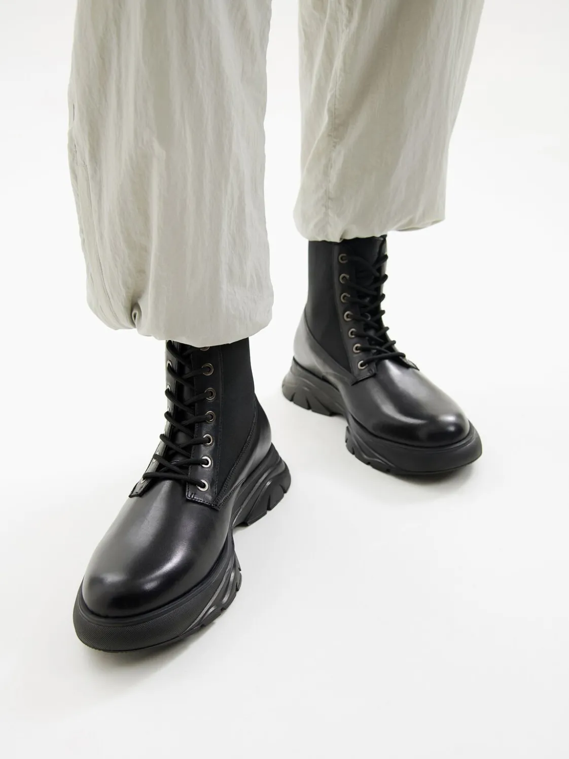 Hybrix Leather Lace-Up Boots - Black