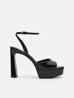 Leather Ankle Strap Heel Sandals - Black