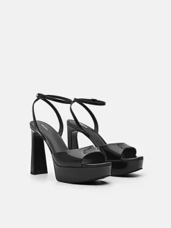 Leather Ankle Strap Heel Sandals - Black