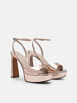 Leather Ankle Strap Heel Sandals - Rose Gold