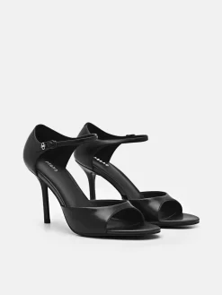 Leather Ankle Strap Stilletto Heel Sandals - Black