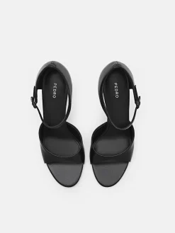 Leather Ankle Strap Stilletto Heel Sandals - Black