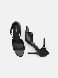 Leather Ankle Strap Stilletto Heel Sandals - Black