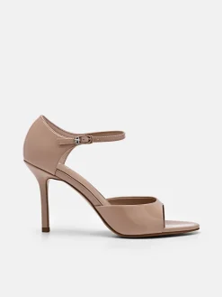 Leather Ankle Strap Stilletto Heel Sandals - Nude