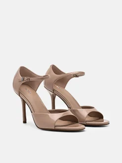 Leather Ankle Strap Stilletto Heel Sandals - Nude