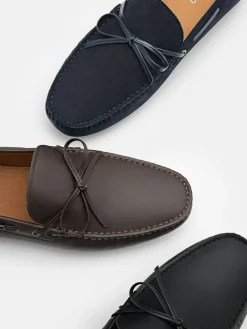 Leather Bow Driving Shoes - Navy