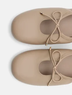 Leather Bowtie Ballerina Flats - Taupe