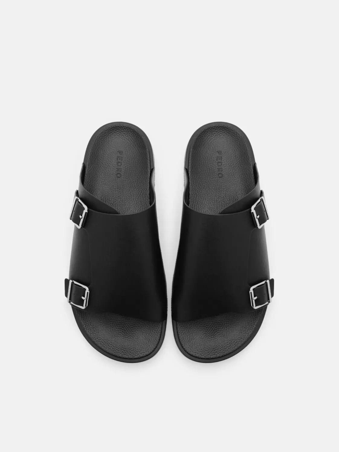 Leather Buckled Slide Sandals - Black