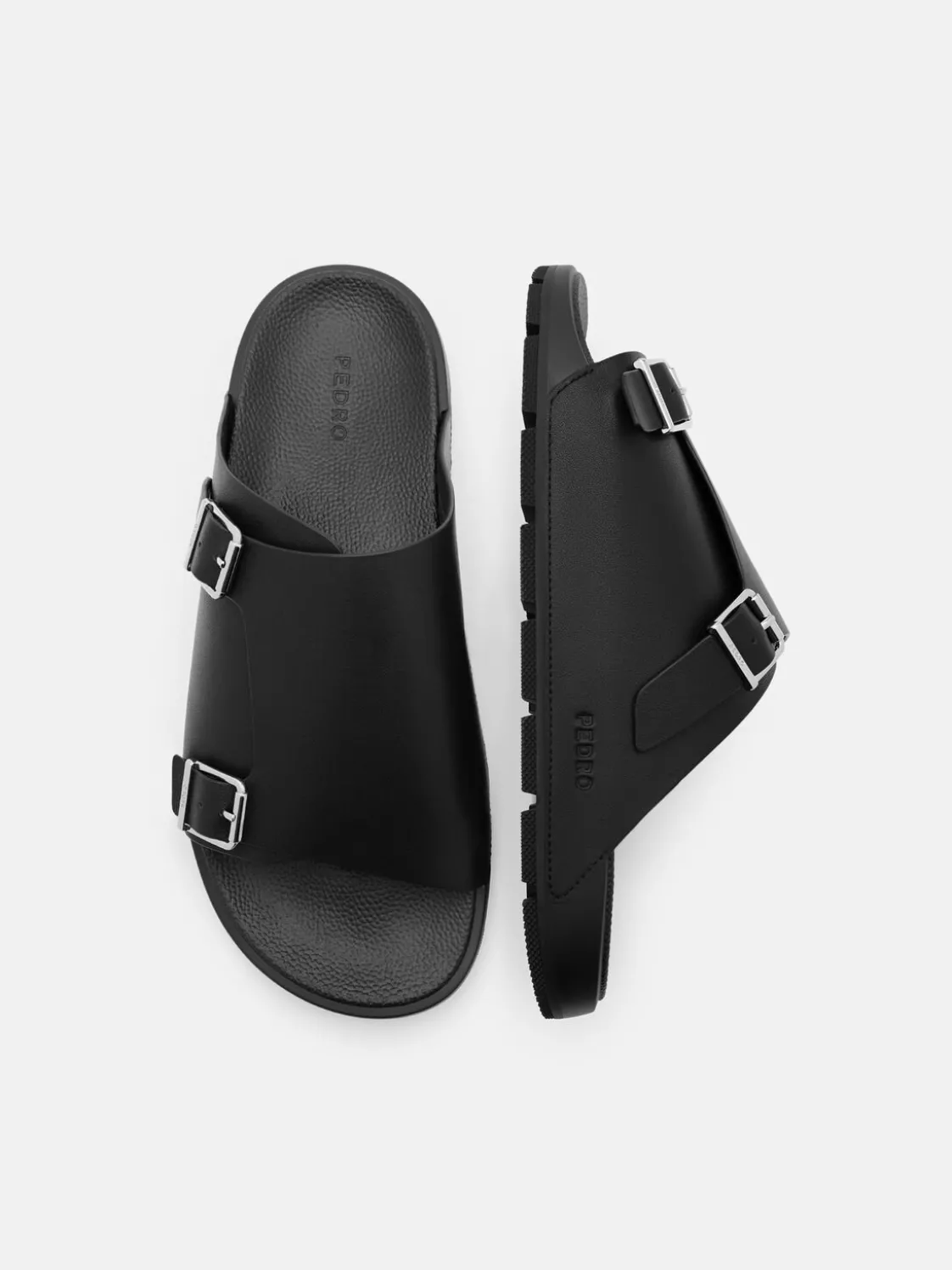 Leather Buckled Slide Sandals - Black