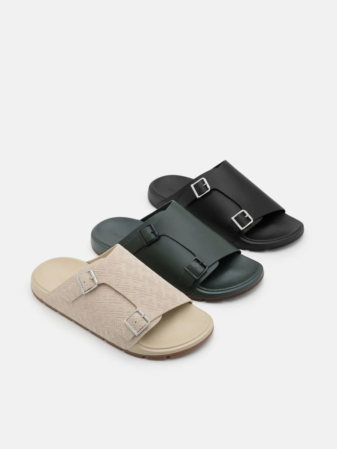Leather Buckled Slide Sandals - Black