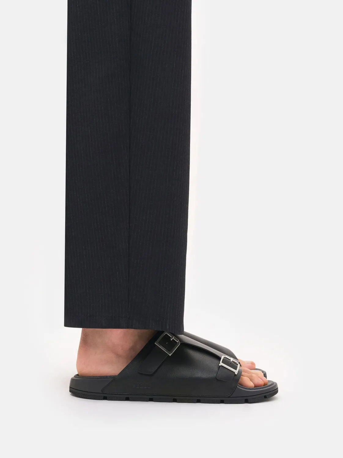 Leather Buckled Slide Sandals - Black