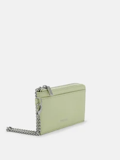 Leather Card Holder with Keychain - Light Green