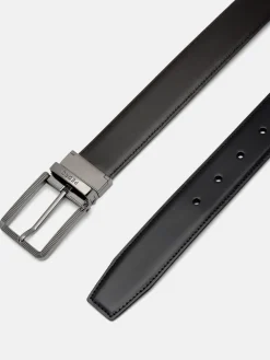 Leather Reversible Pin Belt - Black Textured
