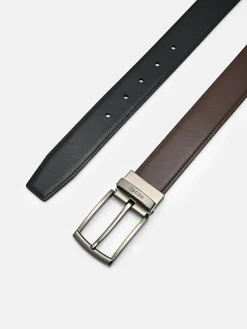 Leather Reversible Pin Belt - Black