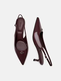 Leather Slingback Heel Pumps - Wine