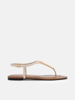 Leather T-Bar Sandals - Beige